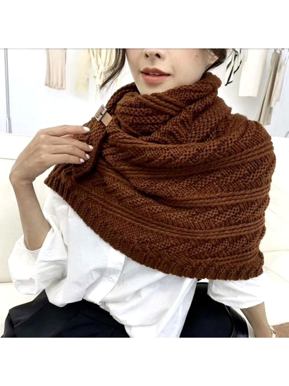 TRÏBE Knitted Tan Cape Shawl With Faux Leather Buckle Detail NWT